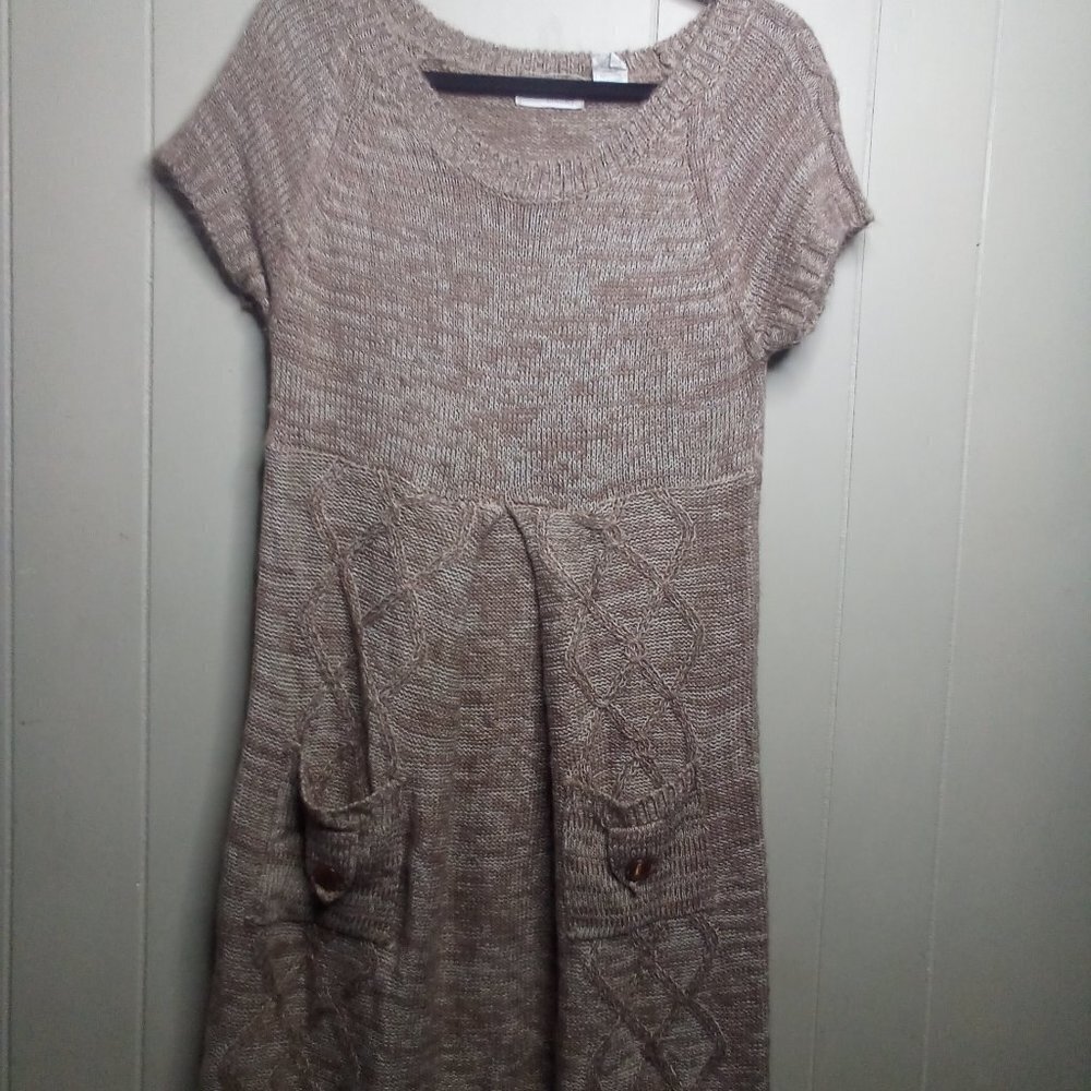 Allison Brittney Sweater Dress M Short Sleeve Pockets Tan Brown